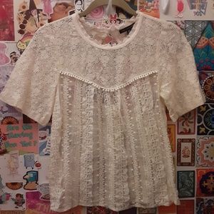 American Eagle Outfitters XS Oversized S/M Lace Ruffle Sheer Y2K Top Ivory Nylon